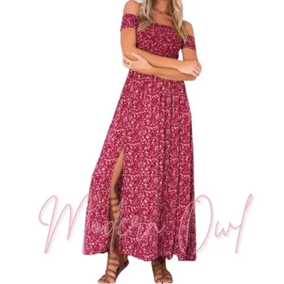 🚒Off The Shoulder Maxi Dress with Slit - Picture 3 of 4
